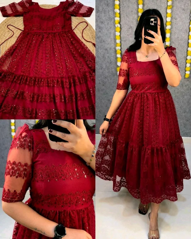 Launching beautiful flower-embroidery sequence work frocks - Red, 5XL