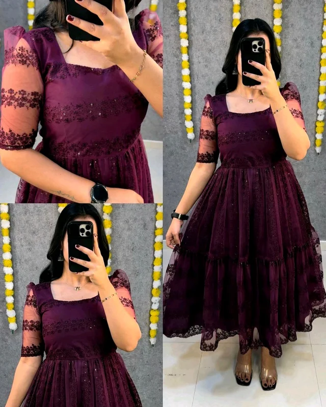 Launching beautiful flower-embroidery sequence work frocks - Wine, S