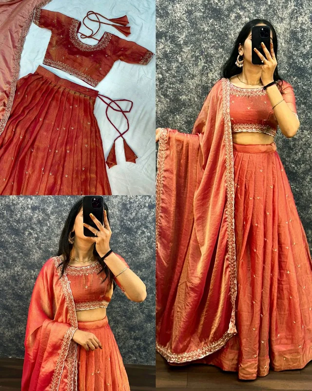 FESTIVEL LEHENGA ORIGINAL SOUTH TISSUE WITH EMBROIDERY & SEQUENCE WORK - Free Size, Fiery Orange