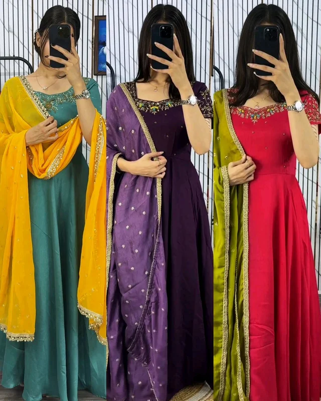 Vichitra Silk Fabric with Maggam Work, huge 8 mtrs flair, stunning design, perfect for special occasions like Elegant look, rich texture, and beautiful Maggam embroidery details make it extraordinary - Wild Watermelon, 2XL