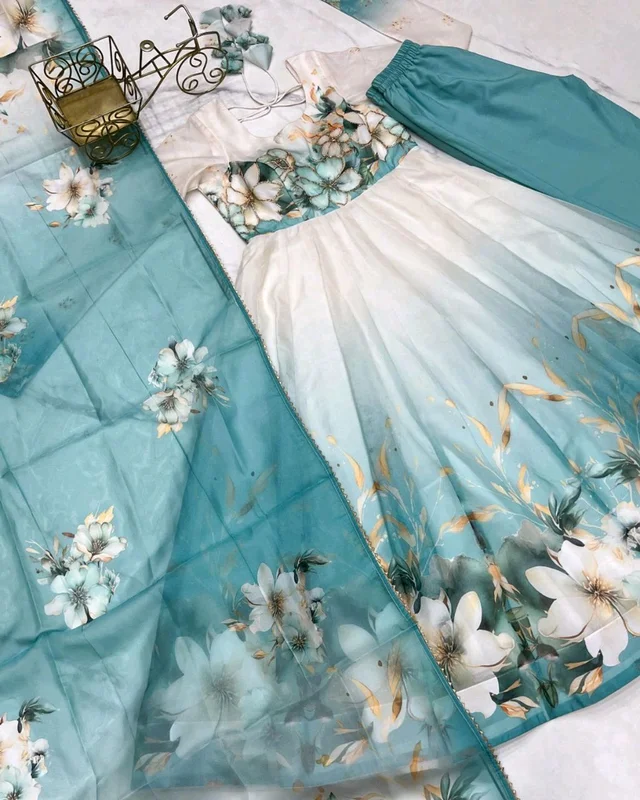 Classic floral printed organza anarkali suit set for the upcoming festivities and wedding season - Sky Blue, XS