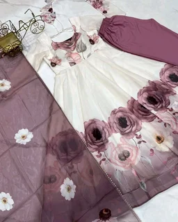 Classic floral printed organza anarkali suit set for the upcoming festivities and wedding season - Sky Blue, XS