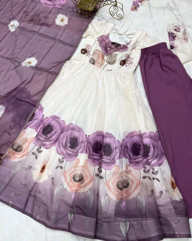 Classic floral printed organza anarkali suit set for the upcoming festivities and wedding season - Onion Pink, 2XL