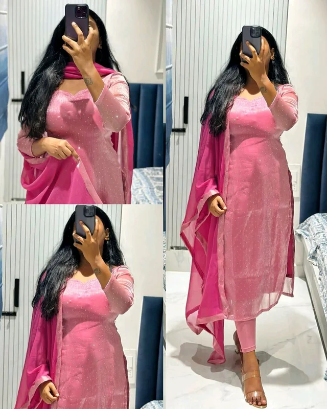 This kurti made with premium soft space silk with diamond work and matching soft georgette dupatta with 4 side lace broder
- Pink, 2XL