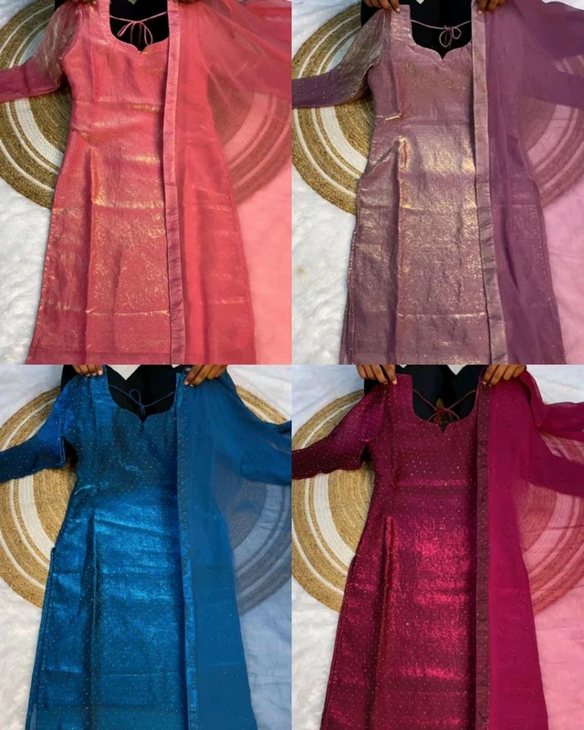 This kurti made with premium soft space silk with diamond work and matching soft georgette dupatta with 4 side lace broder
- Blue, L