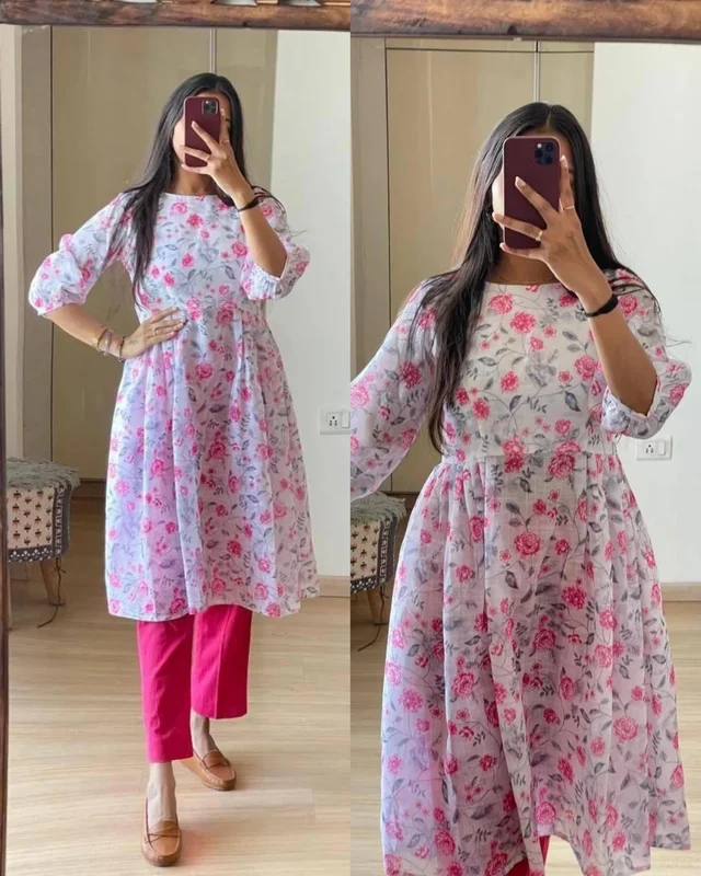 Premium Printed Kurti With Ballon Sleev - XL, White