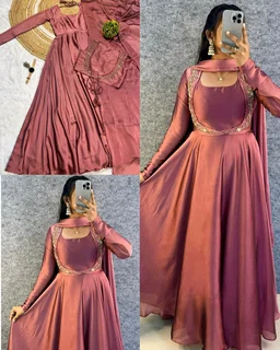 Wear in 3ways Gown+Handwork overcoat +Dupatta - Blue, S