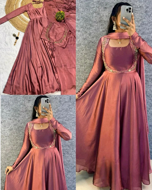 Wear in 3ways Gown+Handwork overcoat +Dupatta - Blue, S