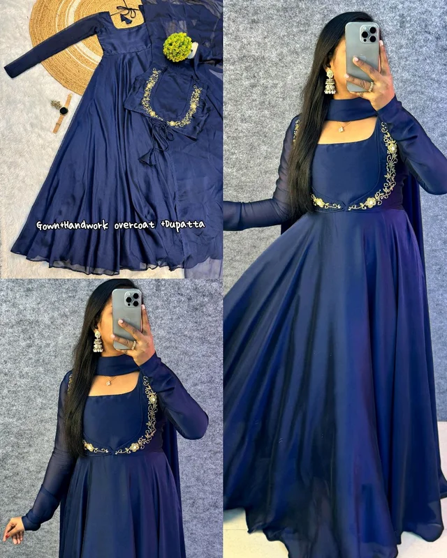 Wear in 3ways Gown+Handwork overcoat +Dupatta - Blue, 3XL