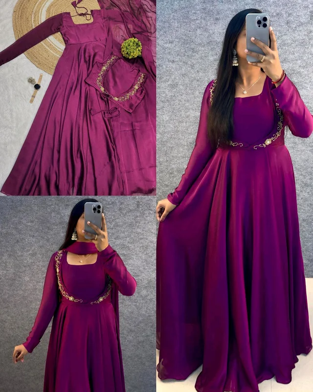 Wear in 3ways Gown+Handwork overcoat +Dupatta - Cardinal Pink, 3XL
