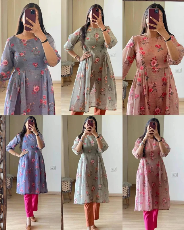 Premium Printed Kurti With Ballon Sleev - L, Pink