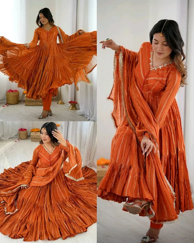 Trendy Women’s Ethnic Wear Ruffle Gown With pant & Dupatta - Oregon, M