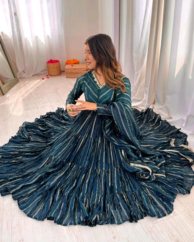 Trendy Women’s Ethnic Wear Ruffle Gown With pant & Dupatta - Oregon, M