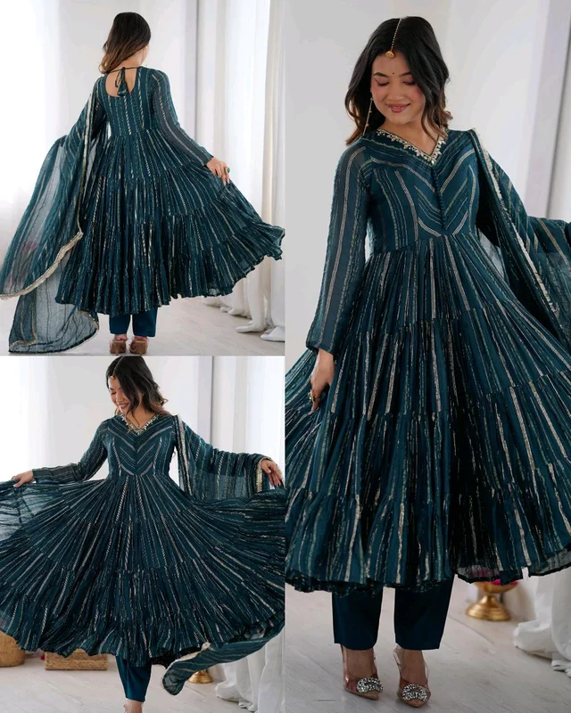 Trendy Women’s Ethnic Wear Ruffle Gown With pant & Dupatta - Prussian Blue, L