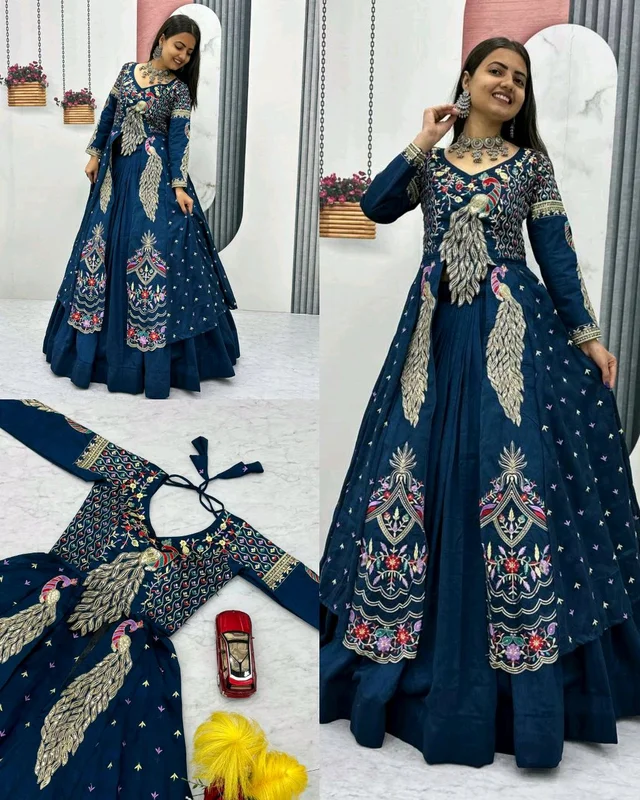 Launching Trendy Peacock Design Festival Special Crop Top with Shrug - L, Congress Blue