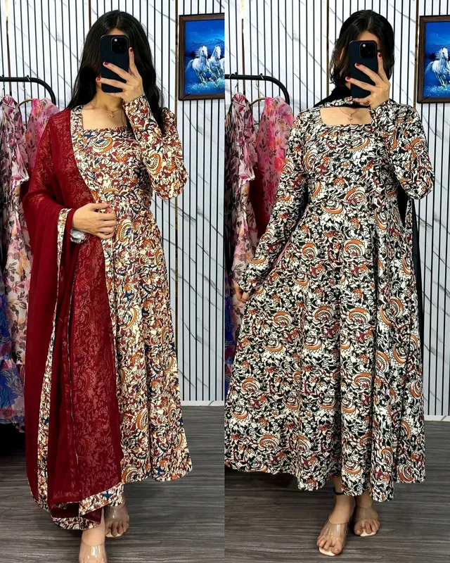 Traditional Kalamkari Graceful Anarkali crafted with modern elegance
- XL, Maroon