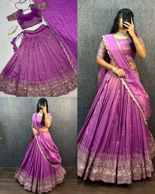 FESTIVEL LEHENGA ORIGINAL SOUTH TISSUE WITH EMBROIDERY & SEQUENCE WORK - M, Fuchsia Pink