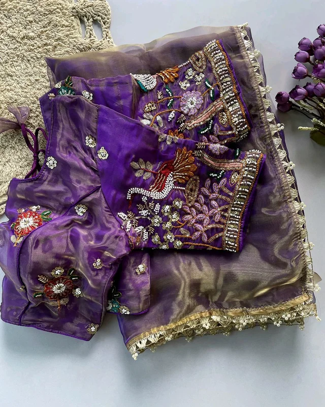 Trendy Pearl work with zari lace in full saree & Multi color bids hand work in blouse with sequins & thread Embroidered work - Unstitched, Pigment Indigo
