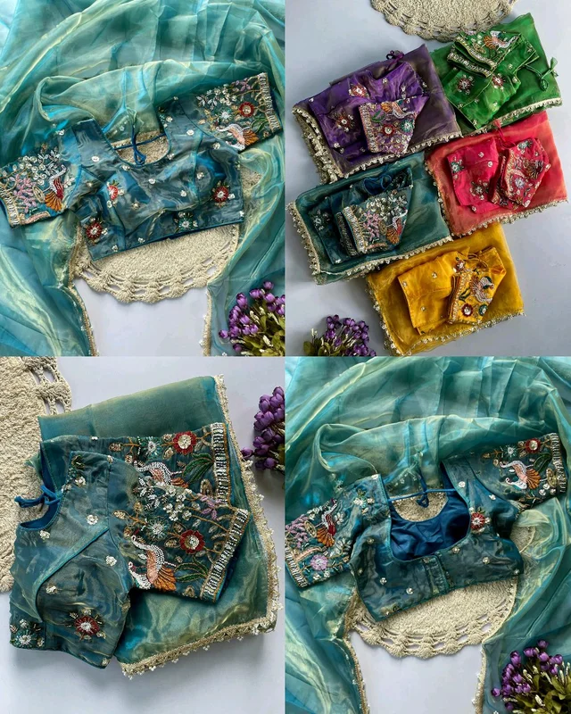 Trendy Pearl work with zari lace in full saree & Multi color bids hand work in blouse with sequins & thread Embroidered work - Unstitched, Teal