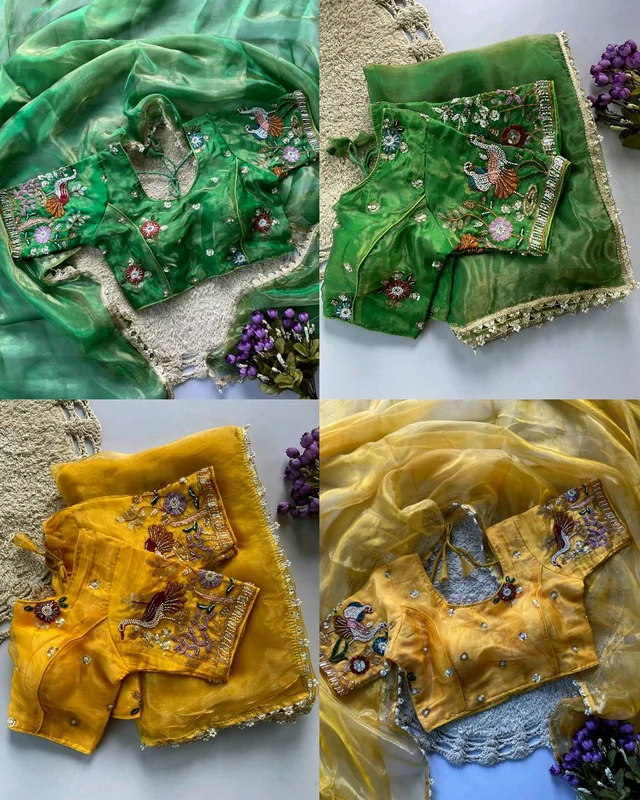 Trendy Pearl work with zari lace in full saree & Multi color bids hand work in blouse with sequins & thread Embroidered work - Unstitched, Yellow