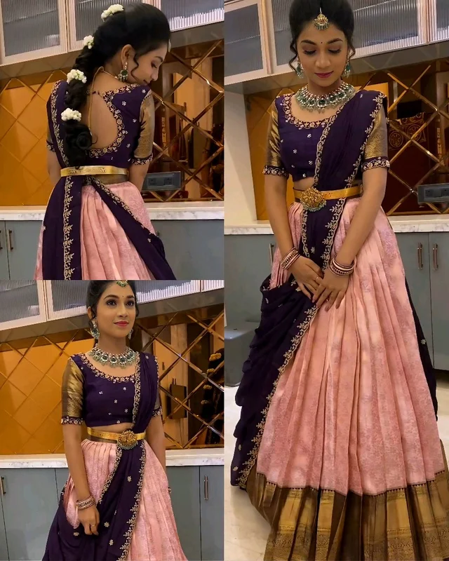 Ready to Wear Premium Quality Pure Kanjivaram silk full stiched Lehenga - XL, Pink