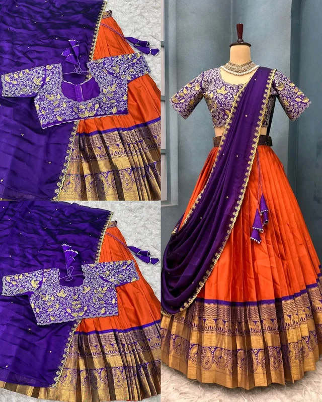 Ready to Wear Premium Quality Pure Kanjivaram silk full stiched Lehenga - 3XL, Grenadier