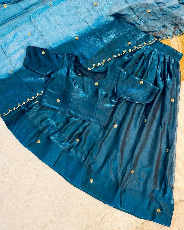 Trendy Hit Premium Pure Space Silk Half Saree With Handwork Cutt Dana Work Collection - Bahama Blue