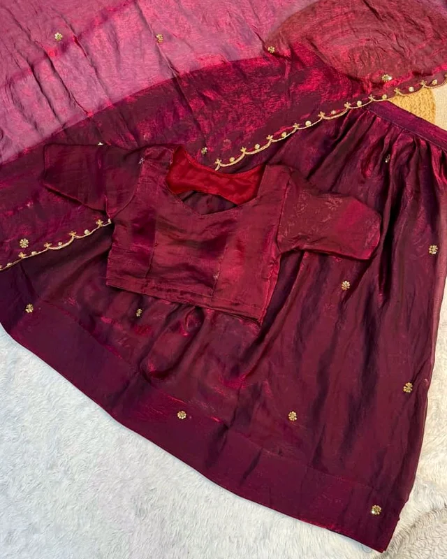 Trendy Hit Premium Pure Space Silk Half Saree With Handwork Cutt Dana Work Collection - Maroon