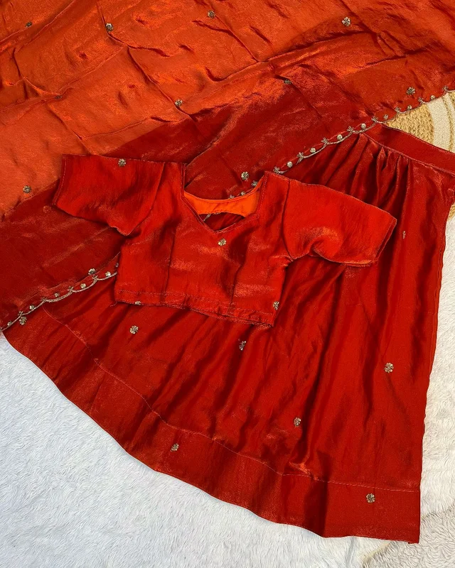 Trendy Hit Premium Pure Space Silk Half Saree With Handwork Cutt Dana Work Collection - Guardsman Red