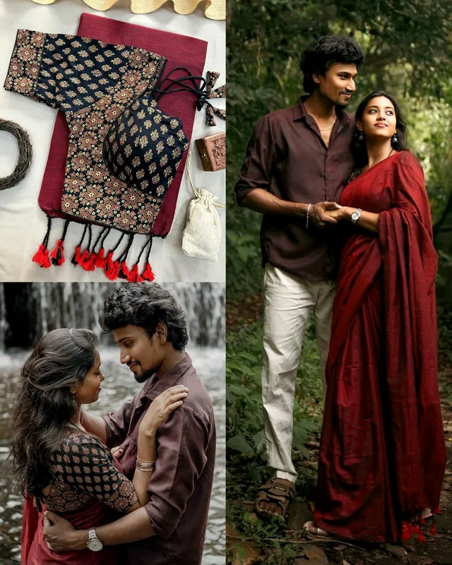 Trendy Presenting Special Summer wear Khadi Cotton Silk Saree With Designer Readymade Ajrakh cotton Blouse - Maroon