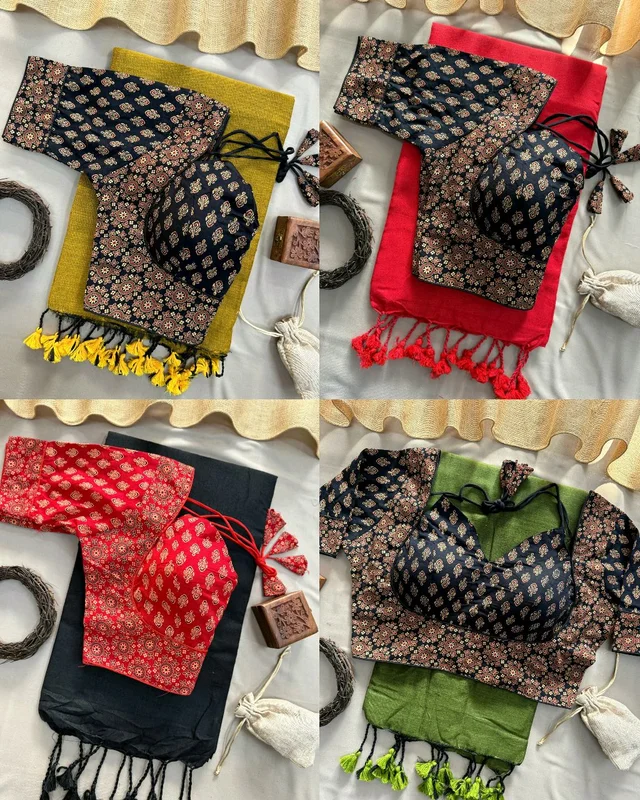 Trendy Presenting Special Summer wear Khadi Cotton Silk Saree With Designer Readymade Ajrakh cotton Blouse - Black
