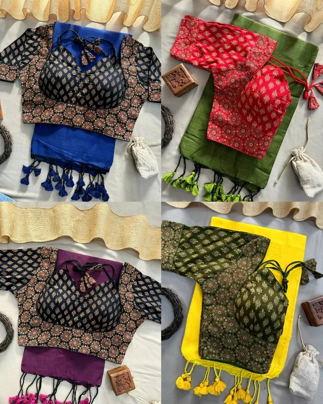 Trendy Presenting Special Summer wear Khadi Cotton Silk Saree With Designer Readymade Ajrakh cotton Blouse - Blue