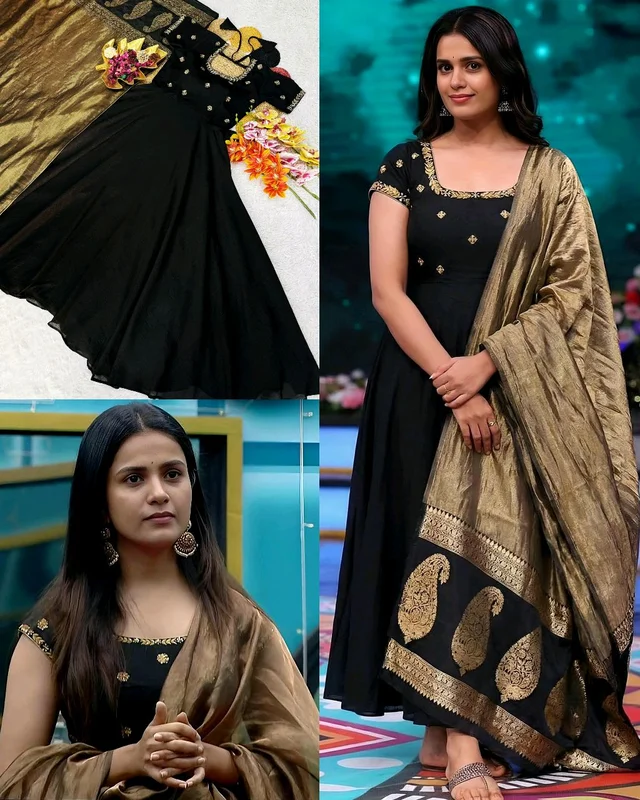Top Trending Big Boss Tanuja style Beautiful Maggam Work Gown With Tissue Dupatta. A touch of glamour and elegance to your look For Festive Season
- L