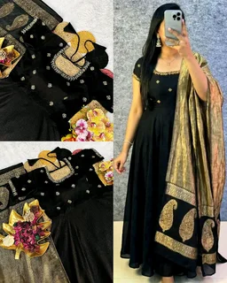 Top Trending Big Boss Tanuja style Beautiful Maggam Work Gown With Tissue Dupatta. A touch of glamour and elegance to your look For Festive Season
- L