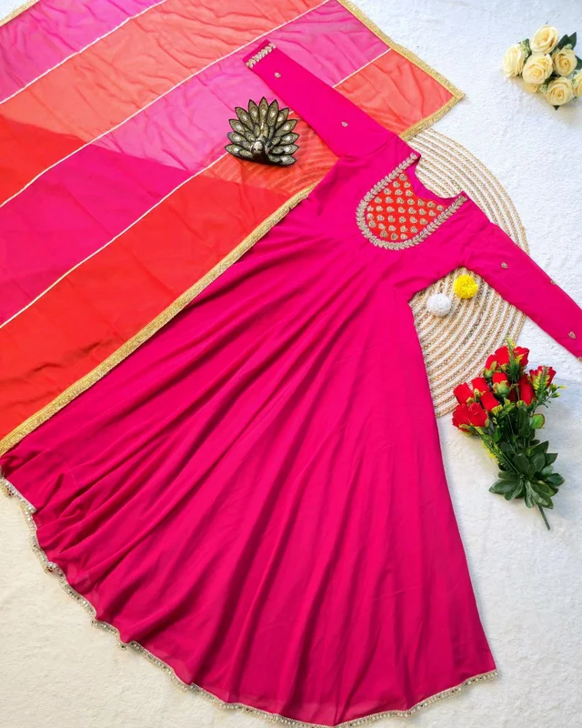 Launching Most Trending our Fux Georgette Silk. Eye-catching Hand Work Gown, a perfect blend of luxury and tradition for any Occasion & Festival - L, Cranberry