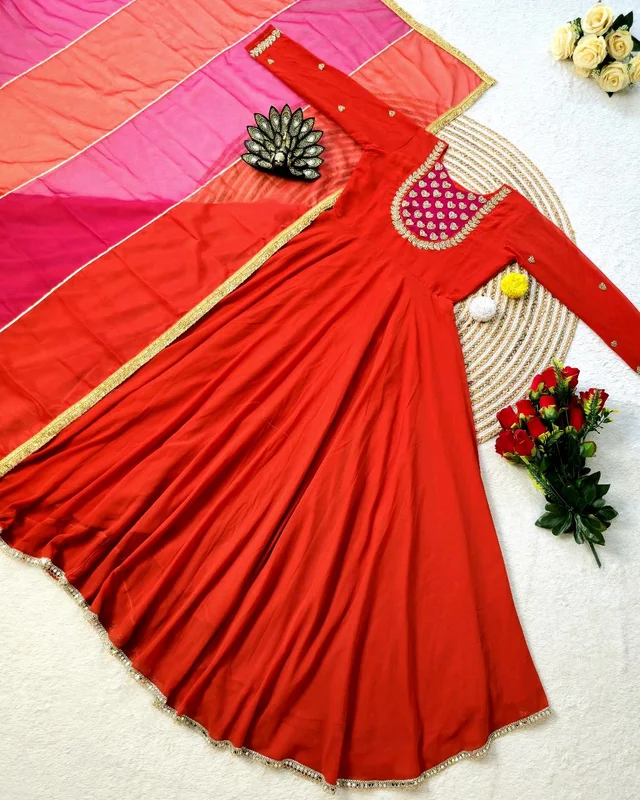 Launching Most Trending our Fux Georgette Silk. Eye-catching Hand Work Gown, a perfect blend of luxury and tradition for any Occasion & Festival - 2XL, Guardsman Red