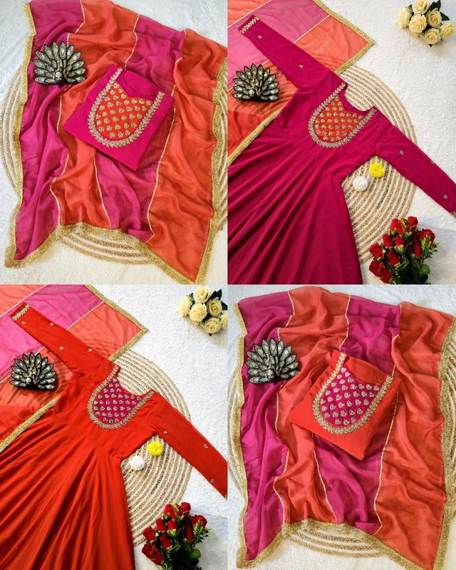 Launching Most Trending our Fux Georgette Silk. Eye-catching Hand Work Gown, a perfect blend of luxury and tradition for any Occasion & Festival - 2XL, Cranberry