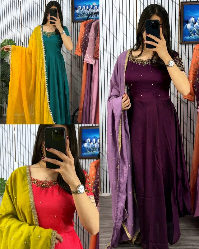 Trendy Elegant look, rich texture, and beautiful Maggam embroidery details make it Extraordinary Gown & Dupatta - M, Trinidad