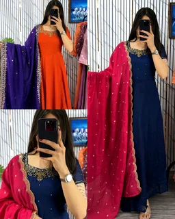 Trendy Elegant look, rich texture, and beautiful Maggam embroidery details make it Extraordinary Gown & Dupatta - L, Wine