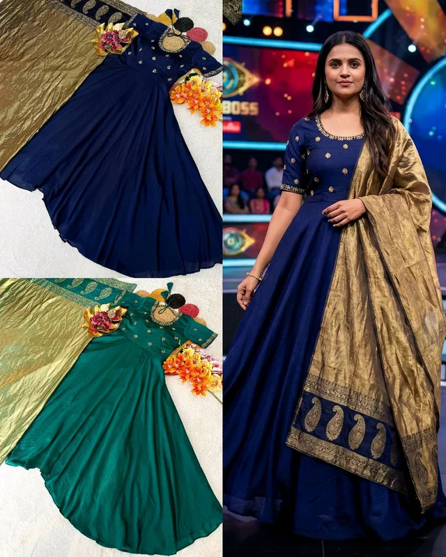 Top Trending Big Boss Tanuja style Beautiful Maggam Work Gown With Tissue Dupatta. A touch of glamour and elegance to your look For Festive Season
- M, Navy Blue