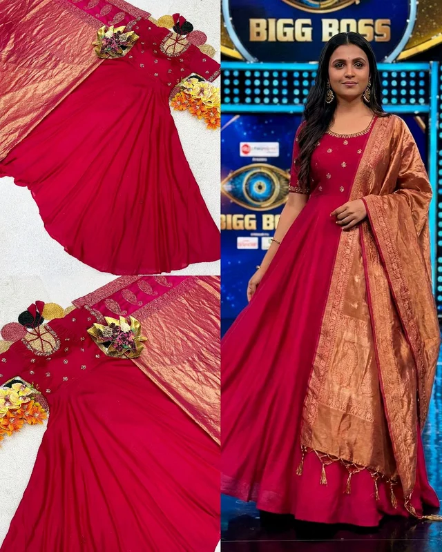 Top Trending Big Boss Tanuja style Beautiful Maggam Work Gown With Tissue Dupatta. A touch of glamour and elegance to your look For Festive Season
- L, Pink