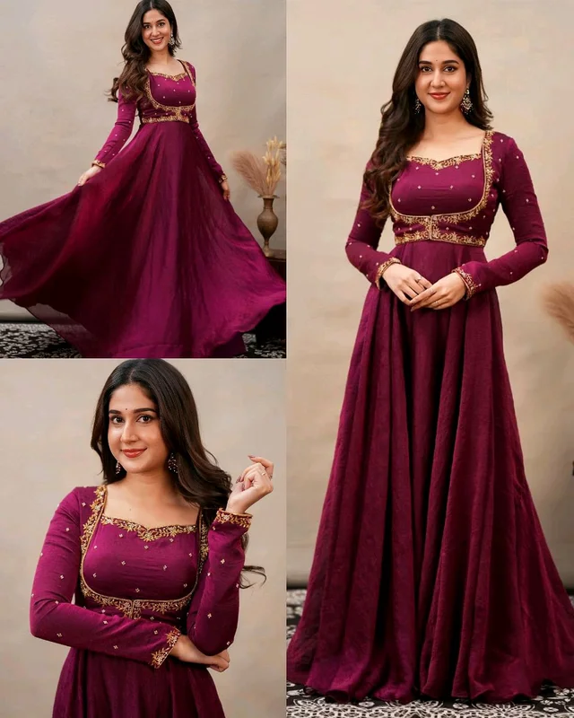 Stay Effortlessly Beautiful In Our Emb Gown A Perfectly Enhanced With Wine & golden Work All Over The Yok The Outfit Comes Paired With A Gown and Short shrug Style it in your own way ✨ - L