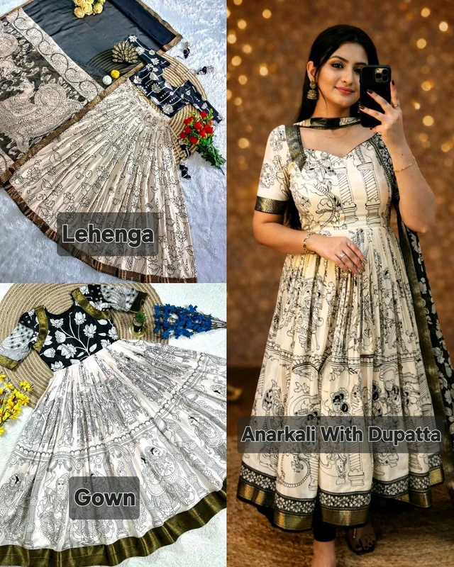 Kalamkari Special Anarkali with Dupatta , Gown & Lehenga - Free Size Lehenga, Anarkali With Dupatta