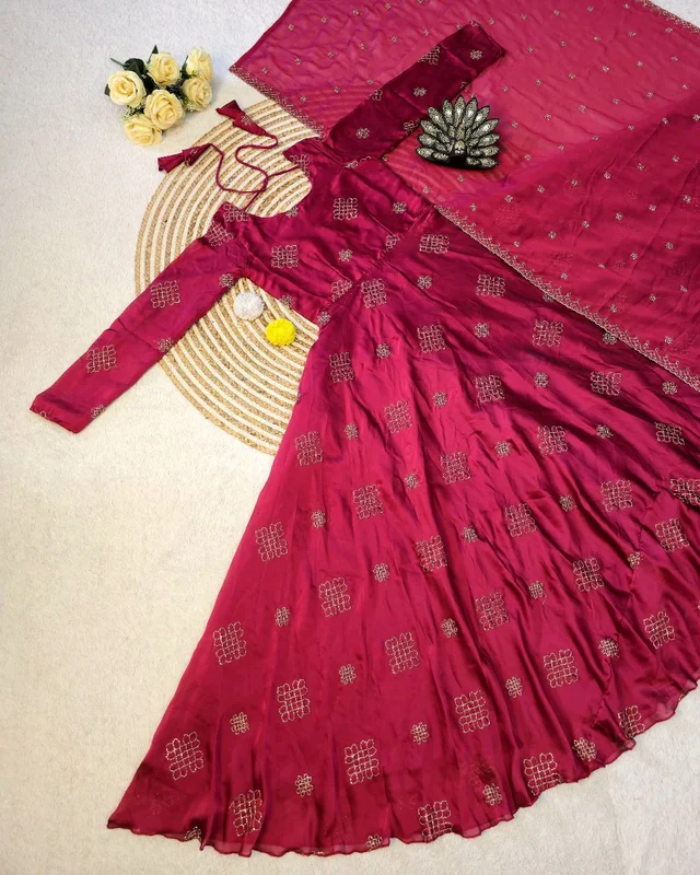 Launching Most Trending Rangoli Silk. Eye-catching Beads Sequance Work Gown, a perfect blend of luxury and tradition for any Occasion & Festival - L, Hibiscus