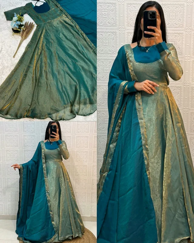 Super Trendy Neck Pattern Model Gow Gown With Dupatta - L, Teal