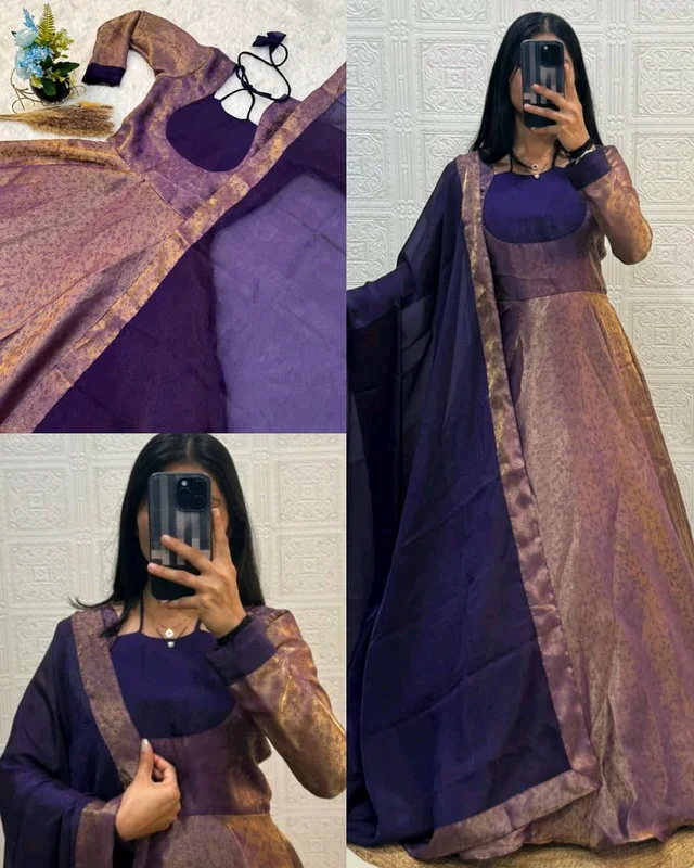 Super Trendy Neck Pattern Model Gow Gown With Dupatta - L, Pigment Indigo