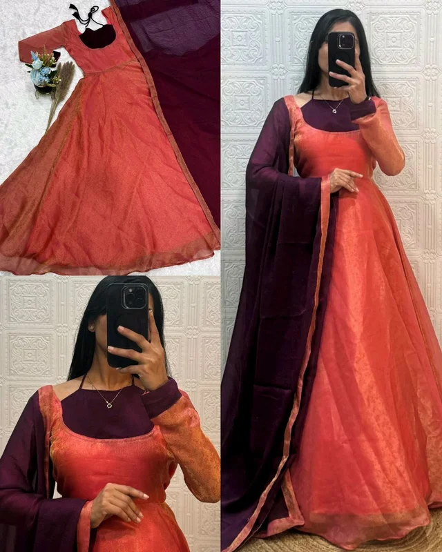 Super Trendy Neck Pattern Model Gow Gown With Dupatta - 3XL, Sunset Orange