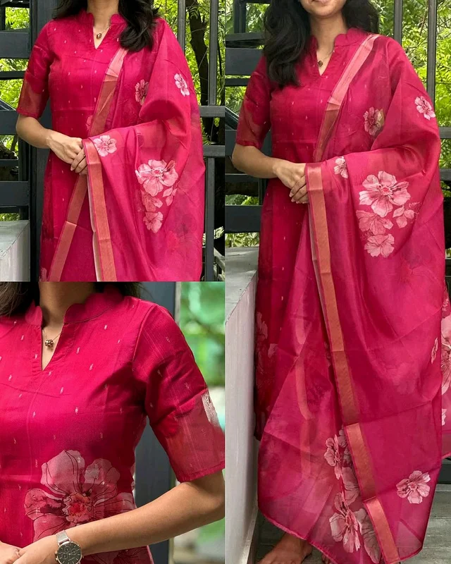 Beautiful Women’s Attractive organza Silk Short Sleeves Printed zari Kurti - XS
