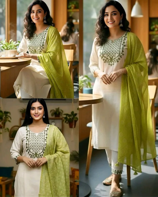 Pure Cotton Kurta Pant Set with chanderi Dupatta for Women – Embroidered Ethnic Wear - M