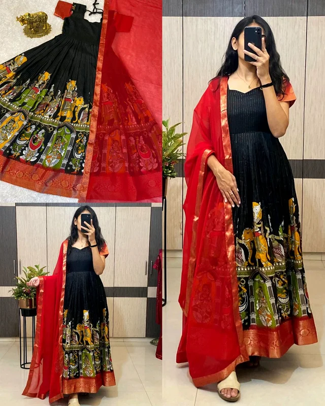 Super trendy reko zari dola silk long gown with georgette dupatta - M, Black